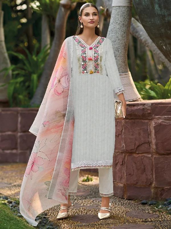 Women Off White Embroidered Straight Kurta Trousers With Dupatta Set Cropped Trousers Casual Linen