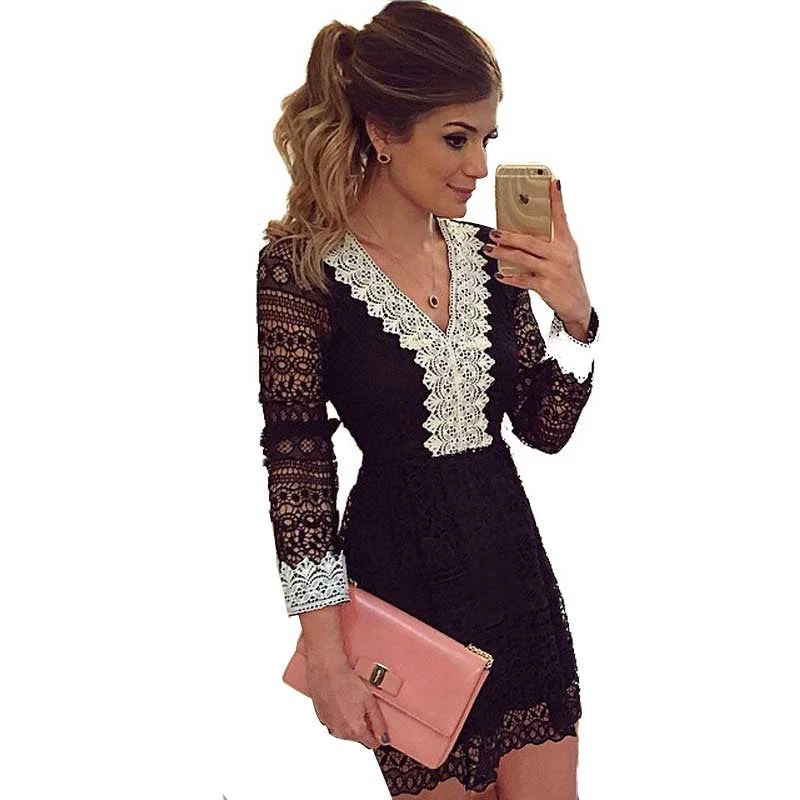 Elegant Long Sleeve Lace Women Dress Slim Waist Vestido De Festa Girls Dresses Crochet VNeck Vintage Female Dress Plus Size