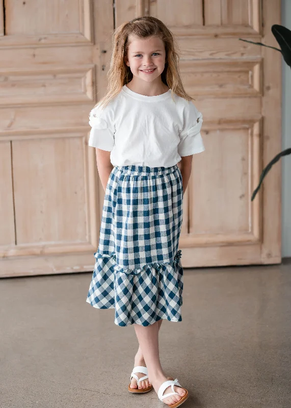 Girls Gingham Navy Blue Midi Skirt lightweight skirt design