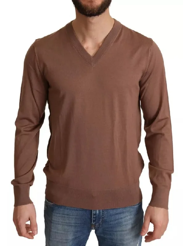 Brown Silk Cashmere Pullover Sweater Soft Wool Sweater