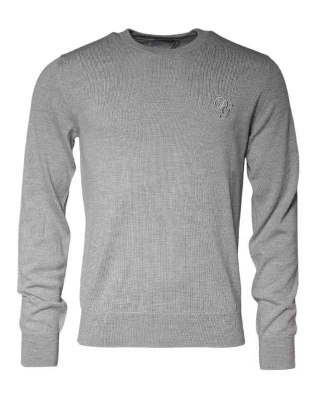 Light Gray Wool Crew Neck Pullover Sweater Ruffled Neck Pullover