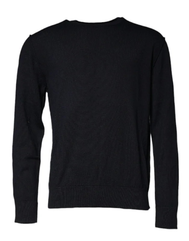 Black Wool Crew Neck Men Pullover Sweater Leg Sleeve Comfort