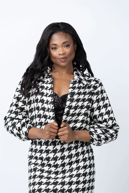 L'Agence Bridges Crop Jacket in Ecru/Black/Gold Houndstooth Snapped Jacket Toggled Jacket Drawstring Jacket