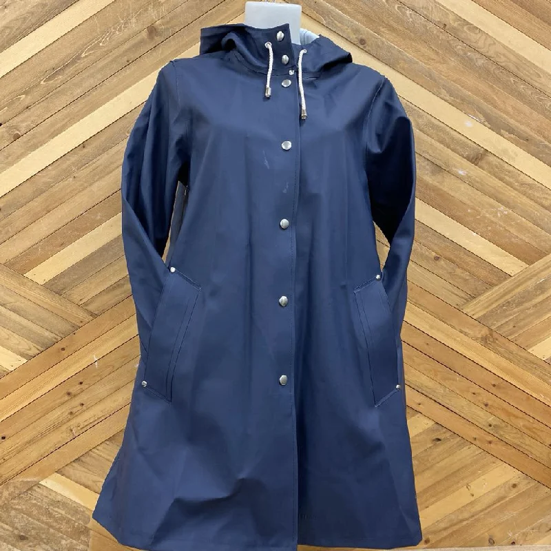 Stutterheim - Women's Mosebacke Long Rain Jacket - MSRP$435: Navy / White-women- Welt Pockets Slit Pockets Flap Pockets