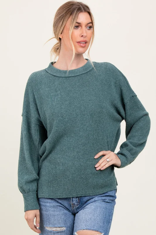 Light Olive Brushed Ribbed Knit Pullover Cashmere Luxurious Pullover