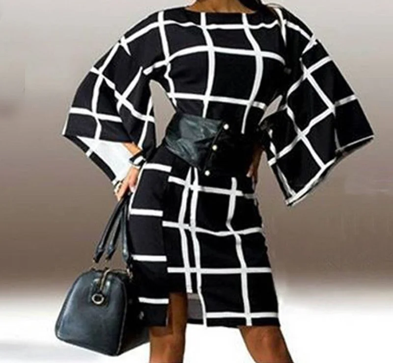 Arrival Fashion Flare Sleeve Plaid Print Loose Dress Women Elegant O Neck Knee Length Autumn Vestidos Dresses