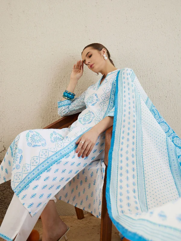 Women Off White Printed Straight Kurta Trousers With Dupatta Set Trousers Harem Relaxed Fit