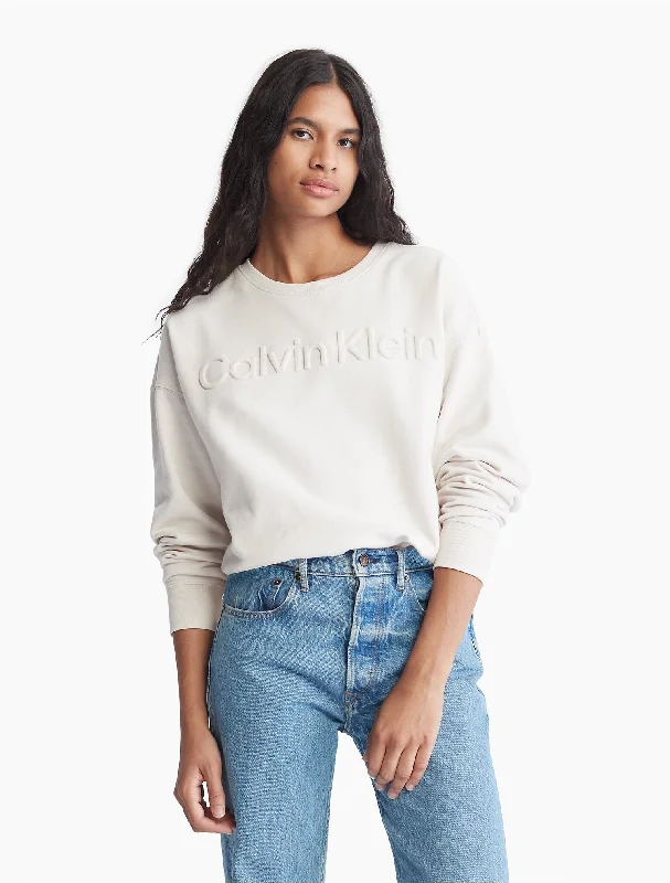 Calvin Klein Oversized Embossed Logo Crewneck Sweatshirt - Women Hoodie with Drop Shoulder Relaxed Streetwear