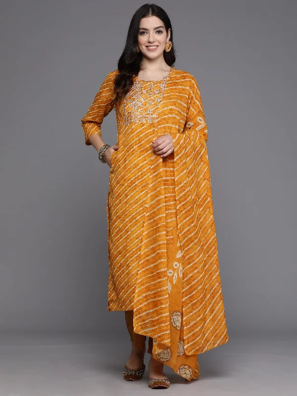 Women Mustard Printed Straight Kurta Trousers With Dupatta Set Chinos Cotton Straight Leg
