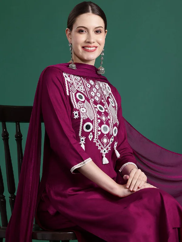 Women Burgundy Embroidered Straight Kurta Trousers With Dupatta Set Trousers Palazzo Wide Leg