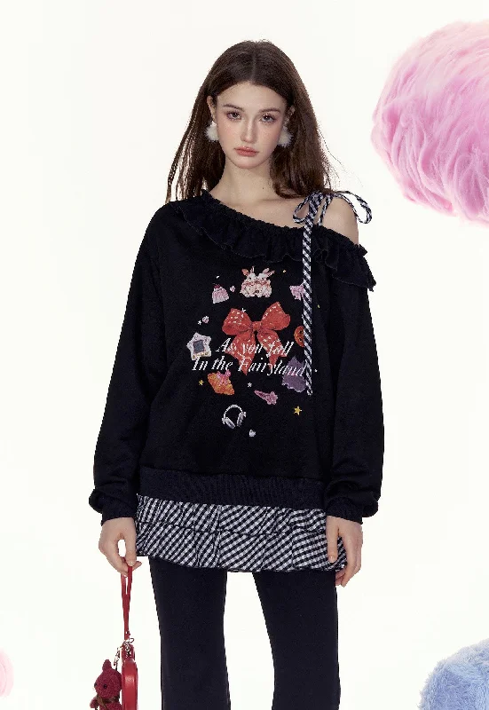 Doll Printed Splicing Retro Style Fake Two-piece Off-shoulder Sweatshirt AYF0056 Hoodie with Fur Luxurious Winter