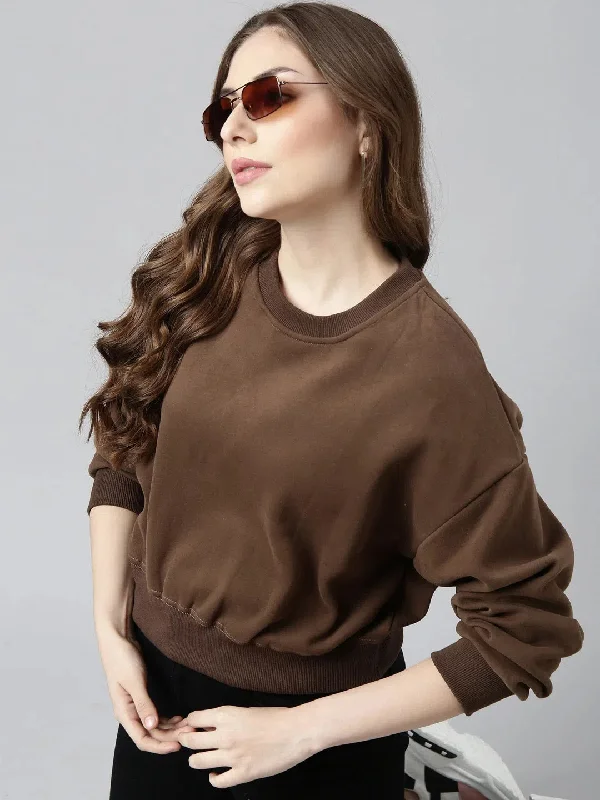 Women Brown Solid Pullover Sweatshirt-CHN-601-Brown Tight Sleeve Top