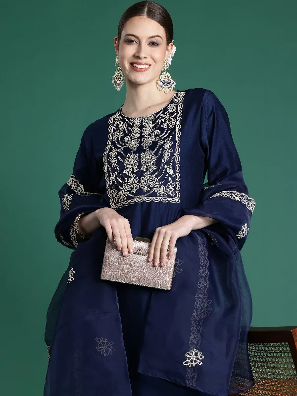 Women Blue Embroidered Straight Kurta Trousers With Dupatta Set Trousers Pleated Formal