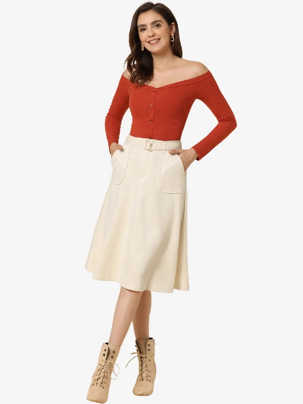 Casual Faux Suede Pockets Stretch A-line Midi Skirt with Belt cashmere skirt rich