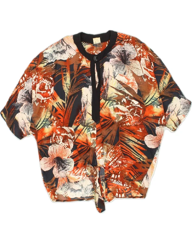 VINTAGE Womens Short Sleeve Pullover Shirt UK 20 2XL Brown Floral Viscose Ruffle Sleeve Feminine