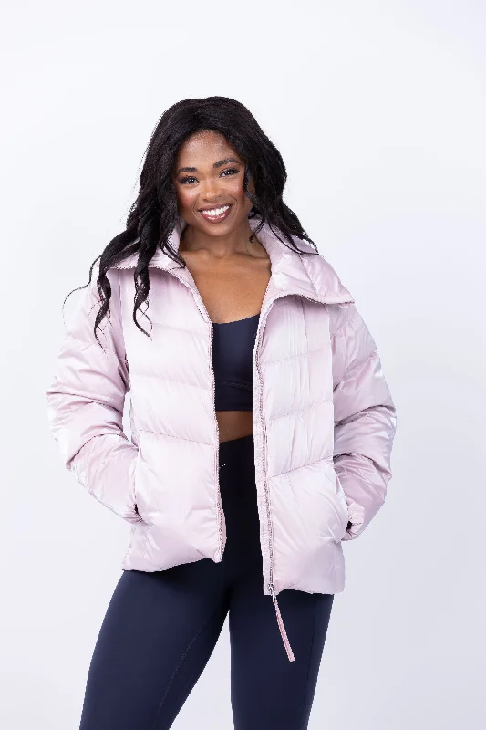 Varley Alena Down Jacket in Ash Rose Shimmer Hooded Jacket Caped Jacket Shawl Collar Jacket