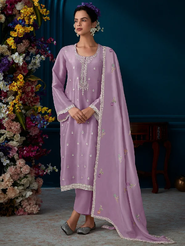 Women Lavender Straight Embroidered Kurta Trousers With Dupatta Set Trousers stylish elegant