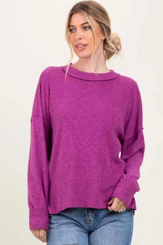 Plum Brushed Ribbed Knit Pullover Long Sleeve Pullover