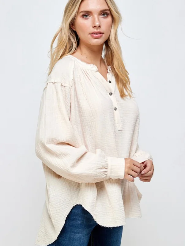 Gauze High Low Pullover Crew Neck Wool