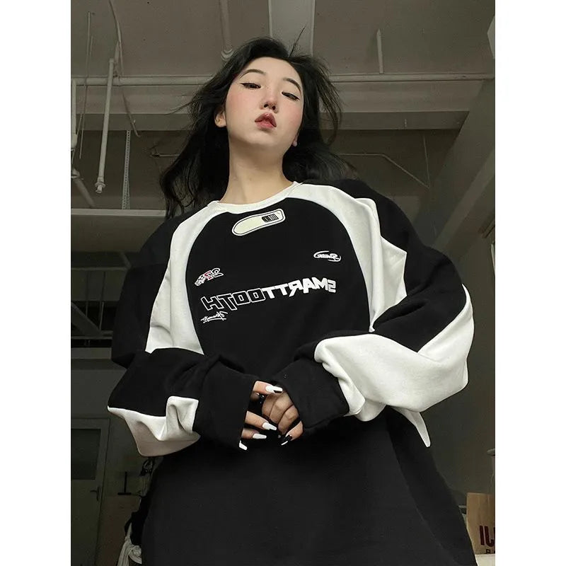 Y2k Vintage Women Sweatshirt Fashion Long Sleeve O-neck Pullover Tops Korean Style Letter Print Hippie Streetwear Hoodie Clothes Hoodie with High-Low Hem Asymmetrical Trendy