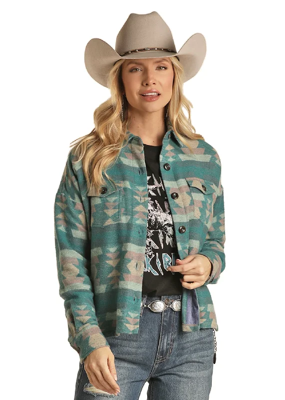 Rock & Roll Cowgirl Women's Boxy Fit Shirt Jacket Teal Notch Collar Peter Pan Collar Cowl Neck