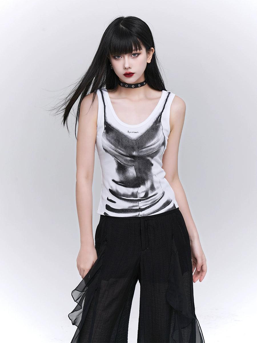 Ladyghost Grunge Skull Tank Top - Women'S Black And White Tie-Dye Sleeveless Shirt With Gothic Print graphic tank top