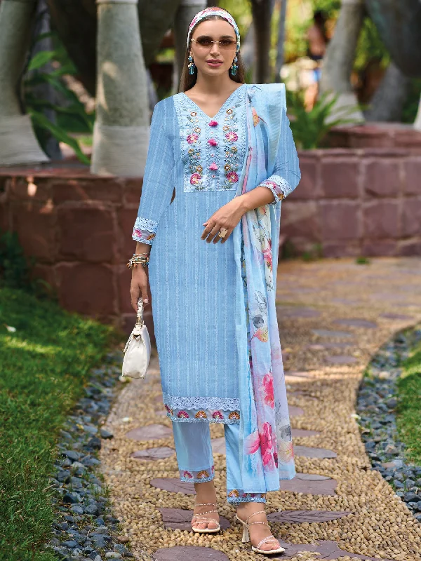 Women Blue Embroidered Straight Kurta Trousers With Dupatta Set Skinny Trousers Denim Stretchy