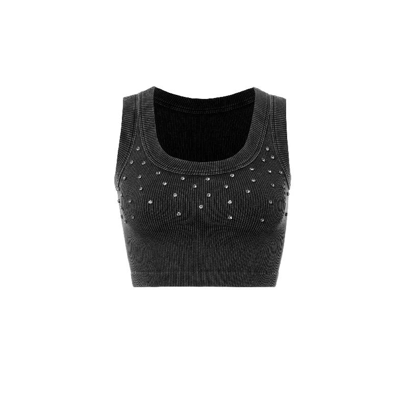 Black Ribbed Washed Stone Wide Bias Crop Tank silver tank top