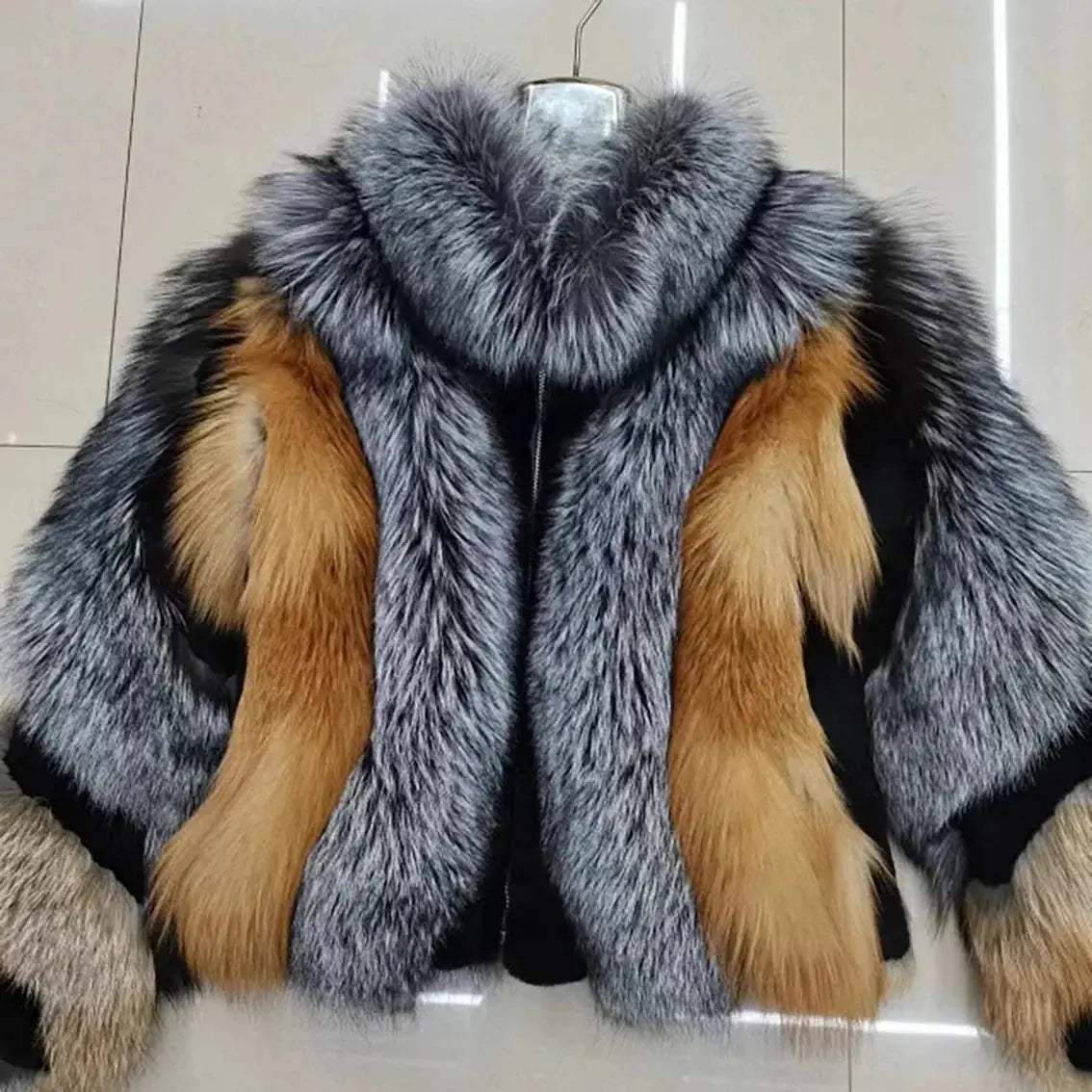 FZ Women's  Thick Warm and Fashionable Real Red Fox Fur Jacket Herringbone Jacket Houndstooth Jacket Plaid Jacket