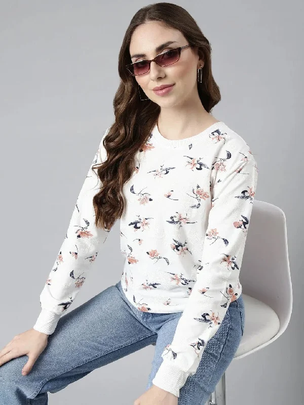 Women White Floral Pullover Sweatshirt-SNC-53-Whitepeach Solo Sleeve Pullover