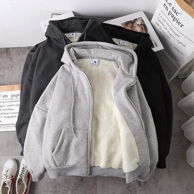Ready Stock Women Coat Plush Jackets Solid Color Velvet Thick Warm Winter Hoodies Coat Zipper Sweatshirt Tops Winter Plus Size Hoodie with Tied Waist Feminine Flattering