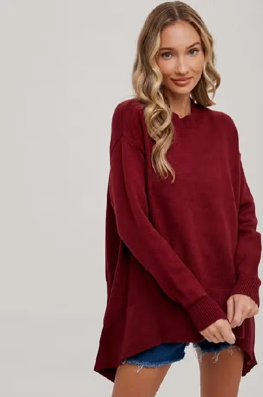 Women's/Junior L/S Knit Trapeze Pullover Sweater - Maroon Red Slouchy Comfort Pullover