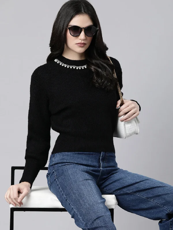 Women Solid Black Pullover-CHN-07693-Black Ribbed Crew Neck