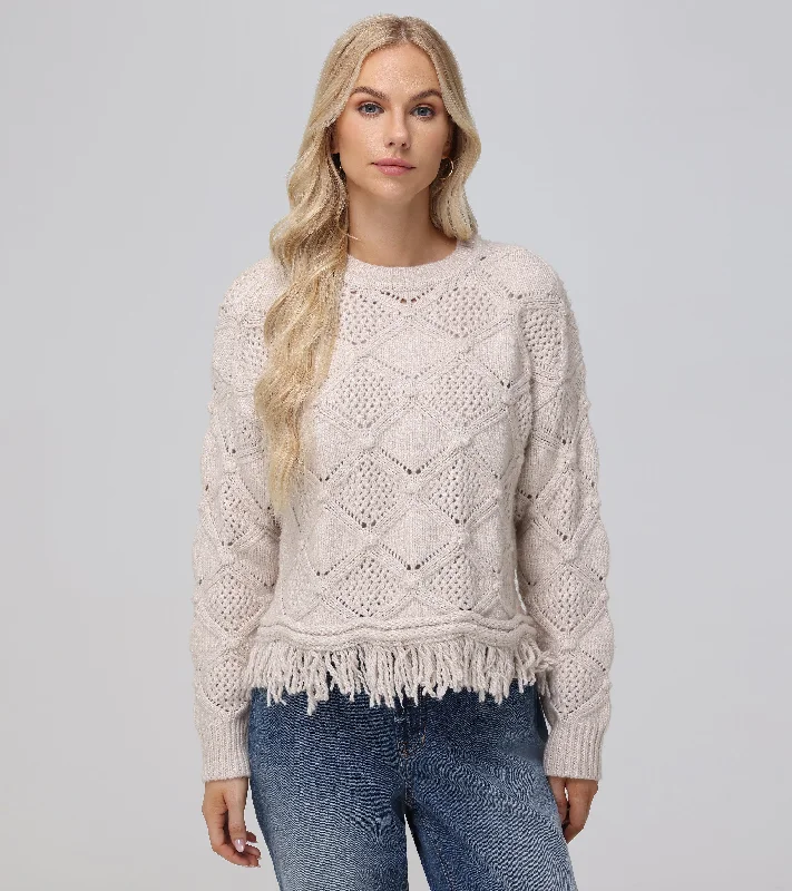 Pointelle Fringe Pullover Cable Knit Chunky