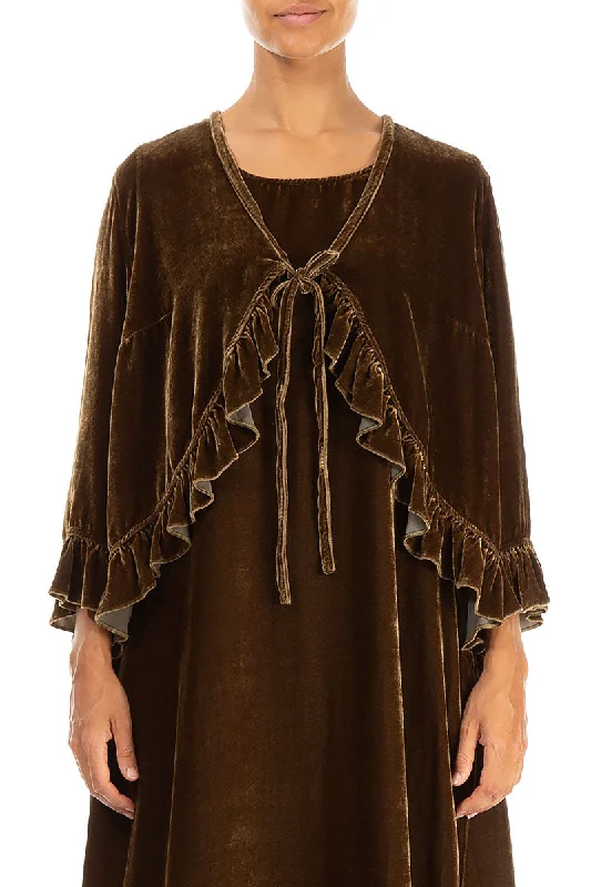 Ruffled Tie-Up Golden Sage Silk Velvet Jacket Welt Pockets Slit Pockets Flap Pockets