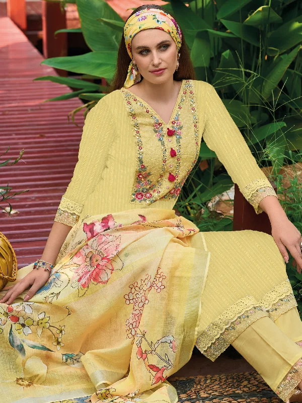 Women Yellow Embroidered Straight Kurta Trousers With Dupatta Set Wide Leg Loose Fit Mid Waist