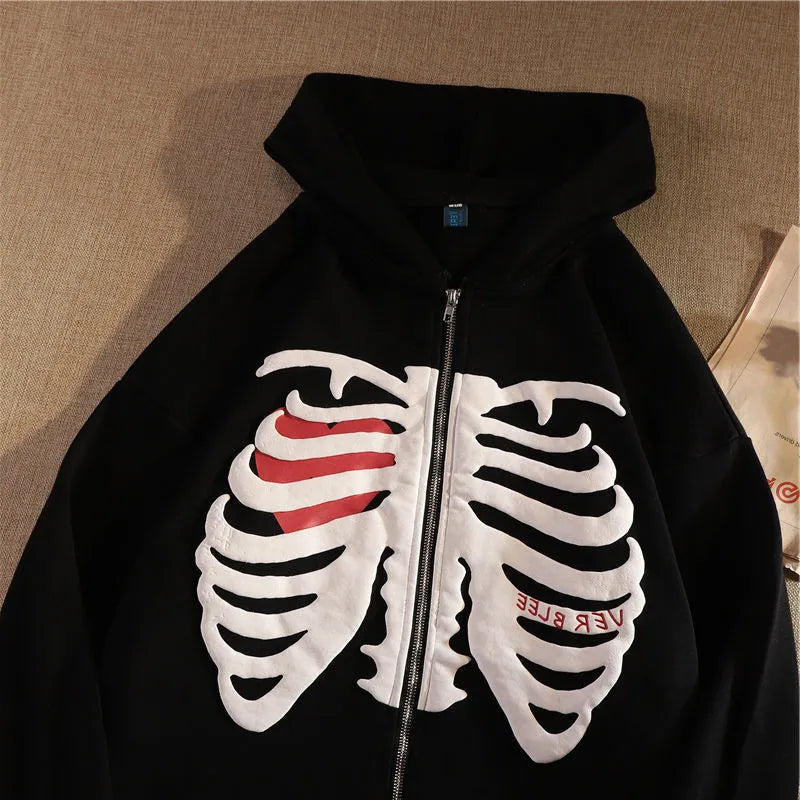 Y2K Skeleton Hoodies Women 2023 Vrouwen Gothic Zwart Zip Up Oversized Sweatshirt Dames Retro Harajuku Capuchon Streetwear Tops Hoodie with Front Slit Layering Stylish