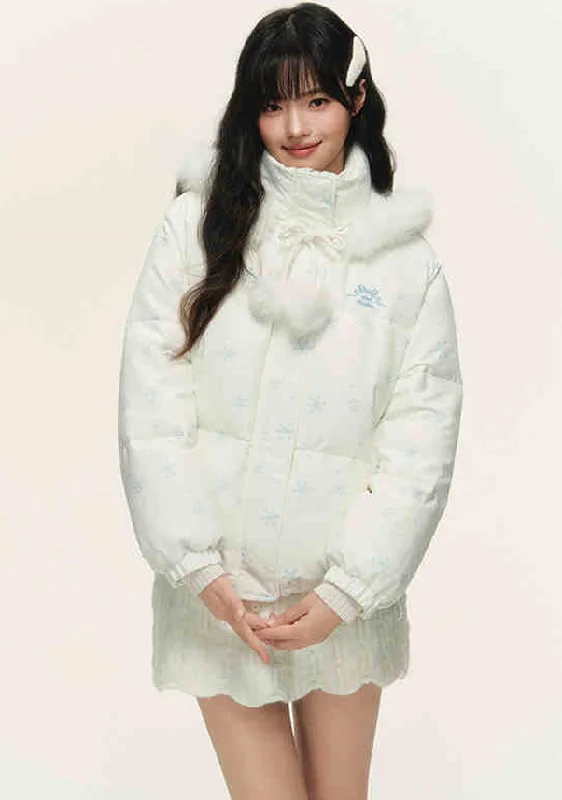 Snowflake Pattern Fur Hoodie Down Jacket NTO0153 Hoodie with Patch Decorative Personalized