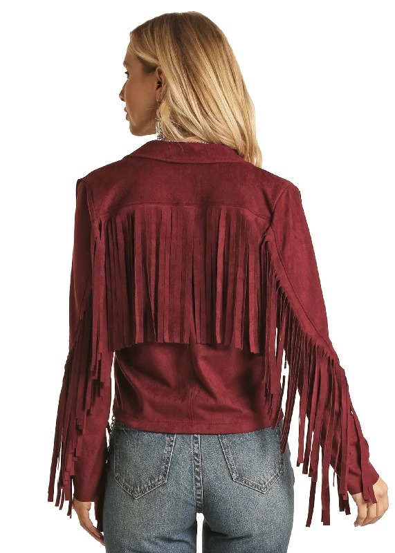 Rock & Roll Cowgirl Women's Micro Suede Jacket with Fringe Maroon Satin Fabric Silk Fabric Chiffon Fabric