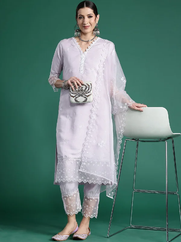 Women Lavender Embroidered Straight Kurta Trousers With Dupatta Set Trousers luxurious high-end