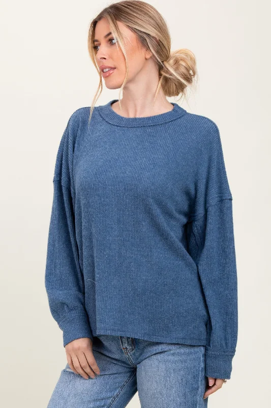 Blue Brushed Ribbed Knit Pullover Short Sleeve Top