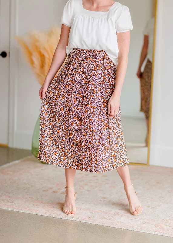 Ditsy Print Button Front Pleated Midi Skirt - FINAL SALE lace skirt intricate