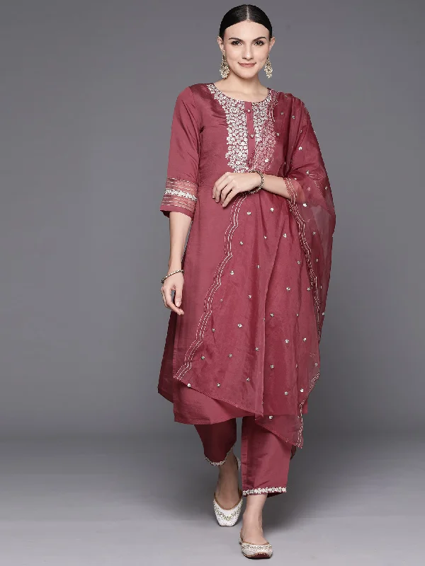 Women Mauve Embroidered Straight Kurta Trousers With Dupatta Set Trousers Denim Blue