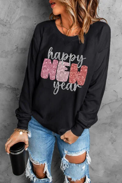 HAPPY NEW YEAR Round Neck Ladies Sweatshirt Hoodie with Hem Lace Feminine Delicate