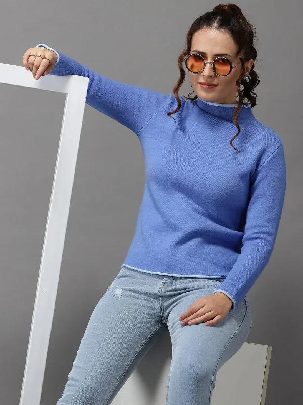 Women's Blue Solid Pullover Sweater-LH-S7081-Blue Alpaca Blend Soft