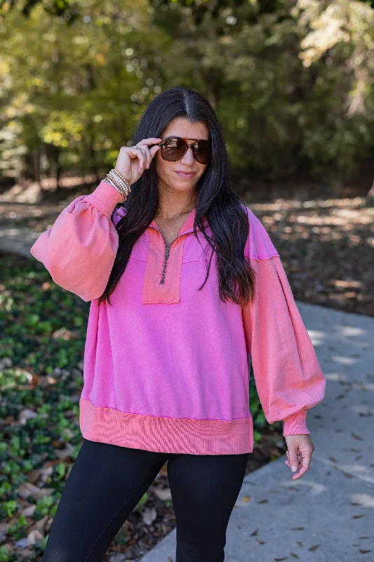 Saturday Soul Pink Colorblock Sweatshirt Hoodie with Hem Applique Textured Unique