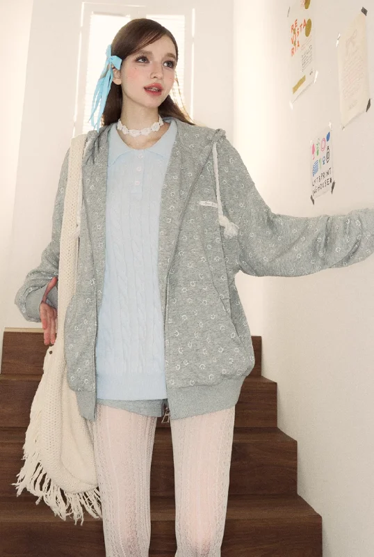 Small Smile Pattern Loose Hoodie Top SPE0051 Hoodie with Full-Zip Functional Layering