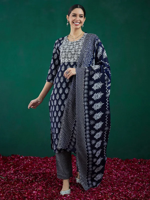 Women Blue Printed Straight Kurta Trousers With Dupatta Set Trousers versatile all-occasion