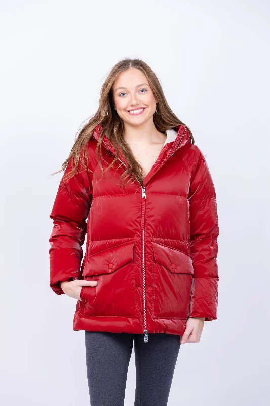 Varley Fullerton Down Jacket in Red Dahlia Satin Jacket Silk Jacket Chiffon Jacket