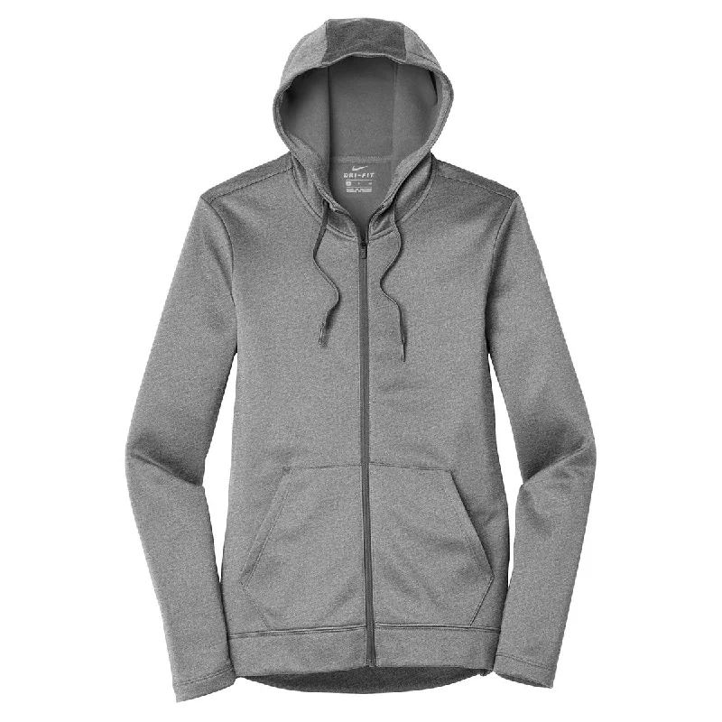 Nike Women's Dark Grey Heather Therma-FIT Full-Zip Fleece Hoodie Hoodie with Bell Sleeves Flared Feminine